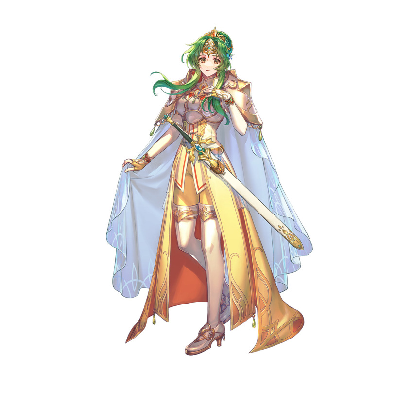1girl, armor, breastplate, cape, cape_lift, crown, elincia_ridell_crimea, elincia_ridell_crimea_(undaunted_queen), fingerless_gloves, fire_emblem, fire_emblem:_radiant_dawn, fire_emblem_heroes, fujikawa_arika, gloves, gold_dress, gold_gloves, gold_trim, green_eyes, green_hair, hair_bun, high_heels, looking_at_viewer, official_alternate_costume, official_art, parted_lips, shoulder_armor, smile, solo, sword, weapon, white_cape, white_footwear, yellow_leggings