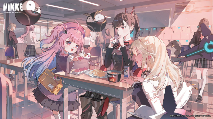 3girls, bag, beret, bird, blonde_hair, classroom, closed_eyes, colored_tips