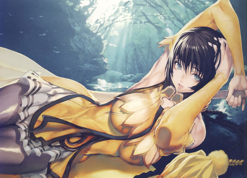 black_hair, blue_eyes, braid, dress, highres, impossible_clothes, impossible_shirt, long_hair