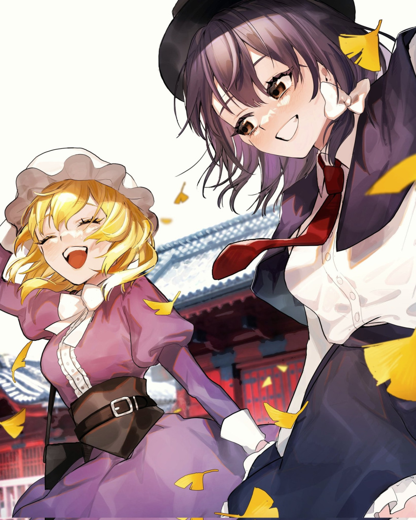 2girls, akari0120_s, black_cape, black_headwear, black_skirt, blonde_hair, brown_eyes, cape, dress, falling_leaves, highres, leaf, maribel_hearn, multiple_girls, necktie, purple_dress, red_necktie, shadow, shirt, skirt, smile, touhou, usami_renko, white_background, white_headwear, white_shirt, yellow_leaves
