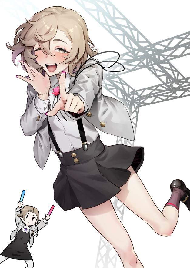 2girls, amamoto_ayana, black_dress, black_skirt, blush, brown_eyes, caligula_(game), caligula_(series), character_request, closed_mouth, commission, dress, glowstick, grey_jacket, holding, index_finger_raised, jacket, light_brown_hair, long_sleeves, multiple_girls, one_eye_closed, open_clothes, open_jacket, open_mouth, pink_nails, shirt, simple_background, skeb_commission, skirt, socks, suspender_skirt, suspenders, tkhs, white_shirt