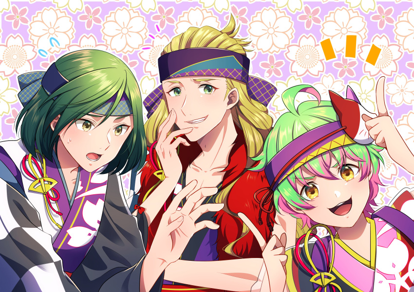 3boys, absurdres, blonde_hair, brown_eyes, fingernails, green_eyes, green_hair, hanamura_shoma