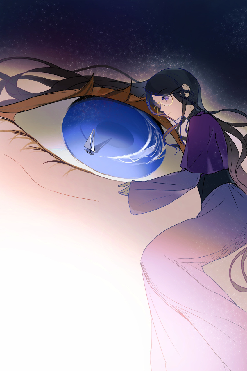 2girls, abstract_background, absurdres, aqi233, bernadette_gustav, black_hair, blue_eyes, boat