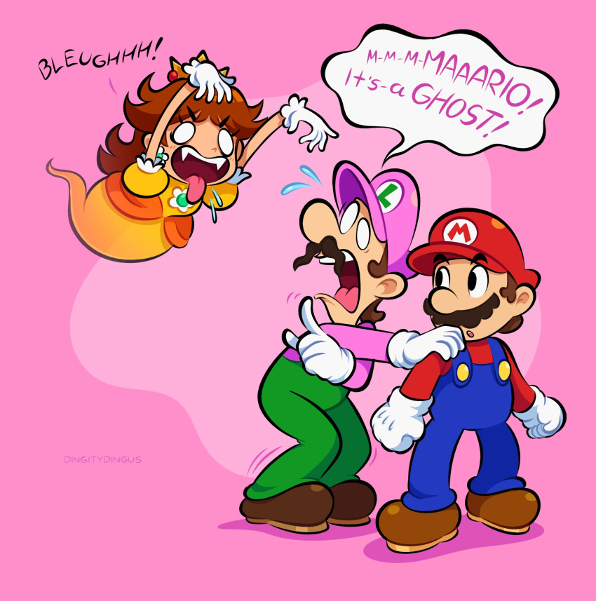 1girl, 2boys, blank_eyes, blue_overalls, brothers, brown_footwear, brown_hair, bubble_luigi, cabbie_hat, claw_pose, crown, dress, earrings, english_commentary, facial_hair, fangs, flower_earrings, ghost_girl, ghost_tail, gloves, green_overalls, hat, highres, jewelry, letter_print, looking_at_another, looking_back, mario, mini_crown, multiple_boys, mustache, nervous_sweating, nintendo, no_pupils, overalls, pink_background, pink_headwear, pink_shirt, princess_daisy, red_headwear, red_shirt, scared, shirt, shoes, siblings, super_mario_bros., super_mario_bros._wonder, sweat, tongue, trembling, trolling, vinny_(dingitydingus), white_gloves, yellow_dress