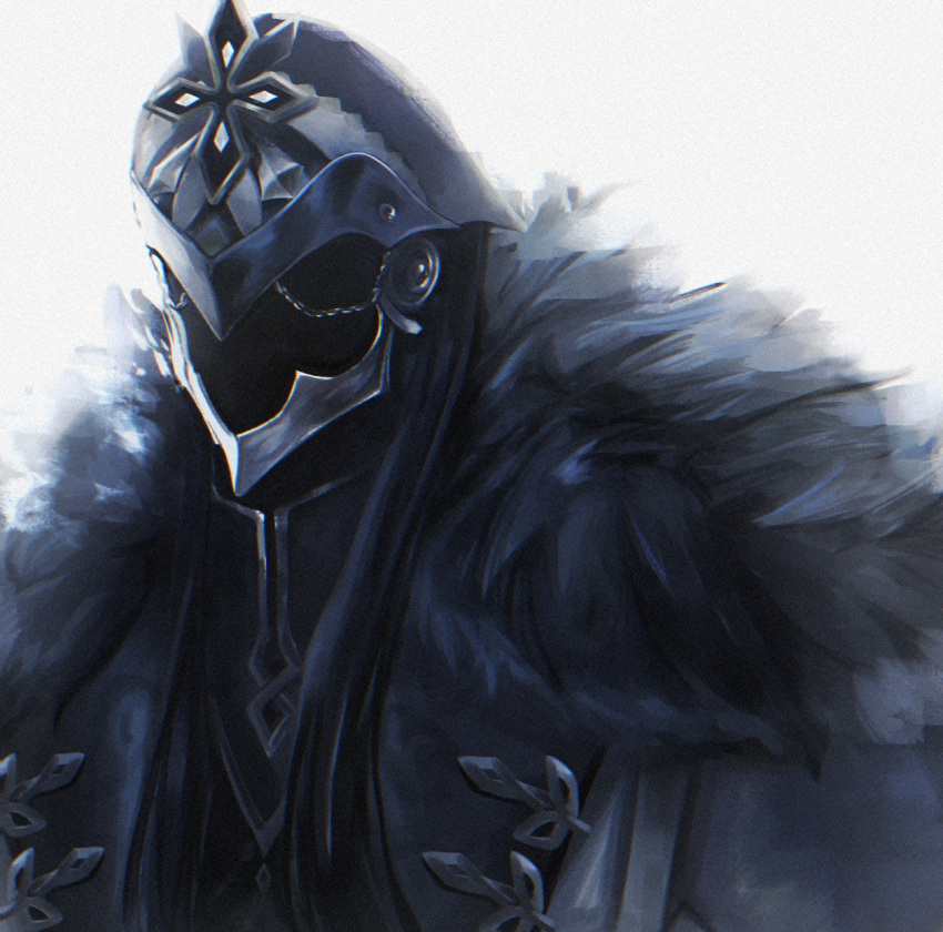 1boy, capitano_(genshin_impact), coat, e.nick, facing_viewer, fur-trimmed_coat, fur_trim, genshin_impact, helmet, highres, male_focus, mask, sidelocks, simple_background, solo, upper_body, white_background