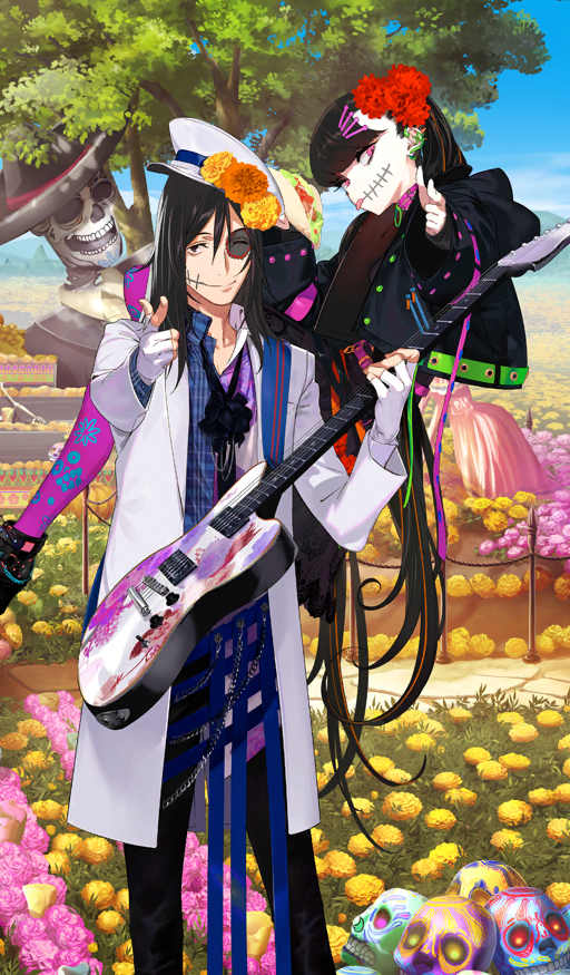 ;), black_hair, calavera, fate/grand_order, fate_(series), flower, guitar, hat