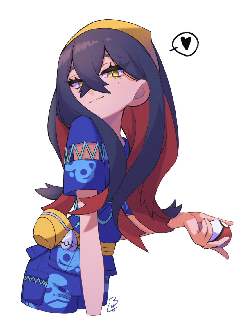 1girl, bag, black_hair, blue_shirt, blue_shorts, carmine_(pokemon), closed_mouth, colored_inner_hair