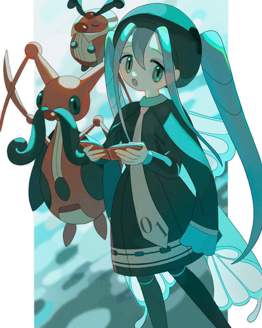 1girl, :o, beret, black_cape, black_dress, black_pantyhose, blue_eyes, blue_hair