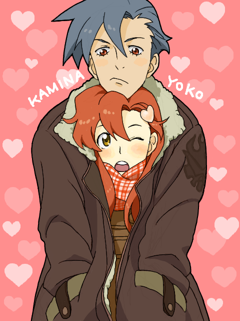 1girl, back_hug, blue_hair, blush, character_name, coat, couple, hair_ornament