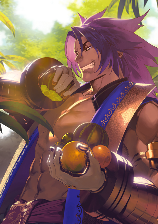 1boy, bhima_(fate), dark_skin, eating, fate/grand_order, fate_(series), food, fruit