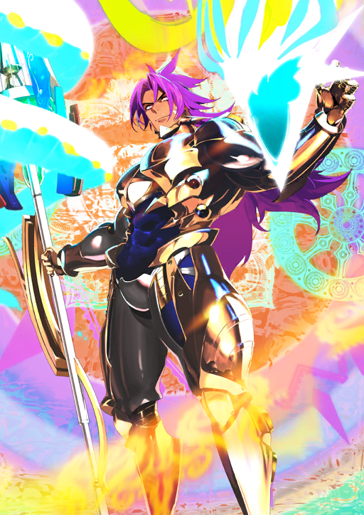 1boy, armor, bhima_(fate), bhima_(third_ascension)_(fate), fate/grand_order, fate_(series), gold_armor, lance, long_hair, looking_at_viewer, muscular, official_art, pako_(pakosun), polearm, purple_hair, smile, staff, weapon