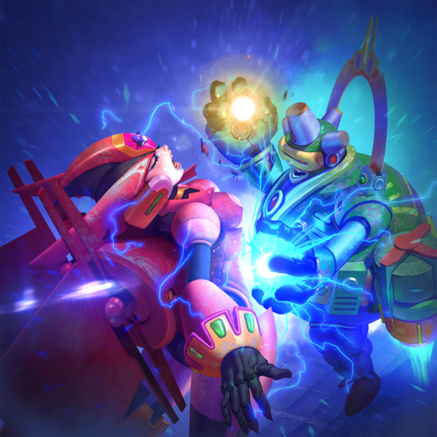 1boy, 1girl, android, armor, armored_bodysuit, armored_boots, armored_dress, armored_gloves, boots, botos_(mega_man), breasts, chest_jewel, ferham_(mega_man), full_body, gem, gem_on_head, glowing, green_gemstone, helmet, highres, ibrahem_swaid, male_focus, mechanical_wings, mega_man_(series), mega_man_x_(series), non-web_source, official_art, teppen, theft, winged_helmet, wings