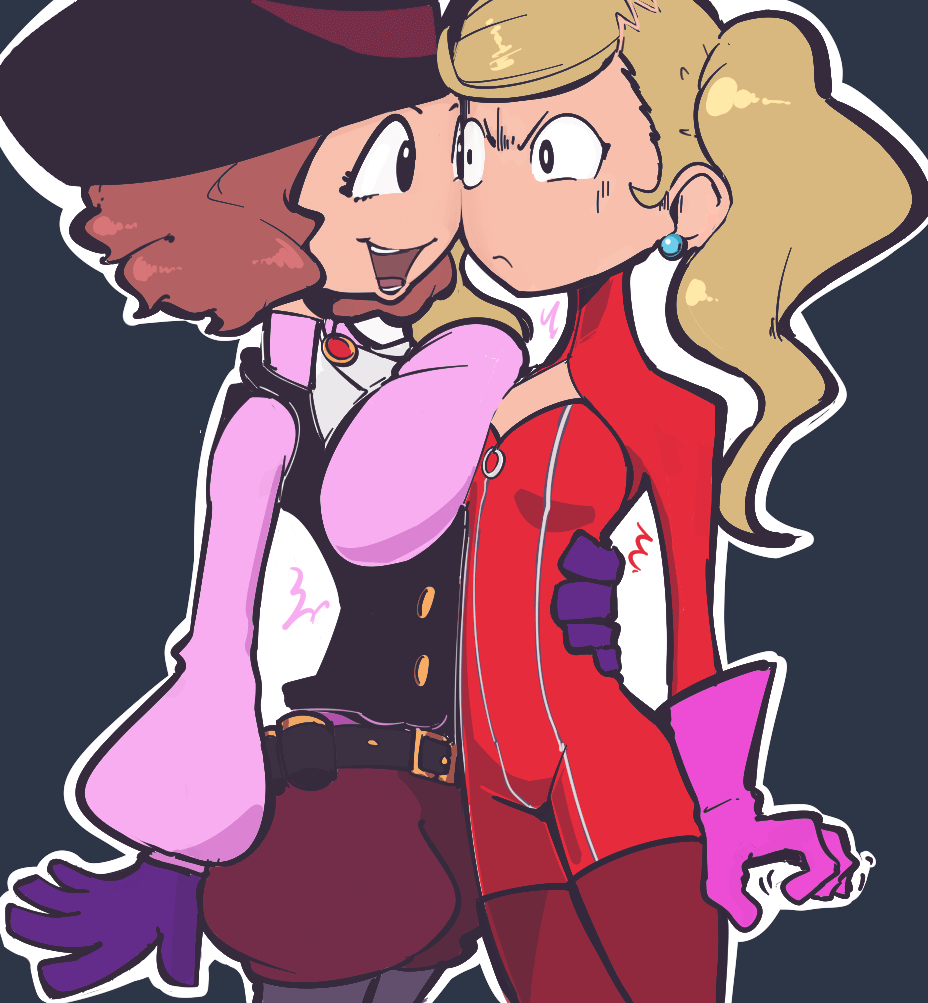 >:(, 2girls, :d, angry, asymmetrical_docking, blonde_hair, bodysuit, breast_press