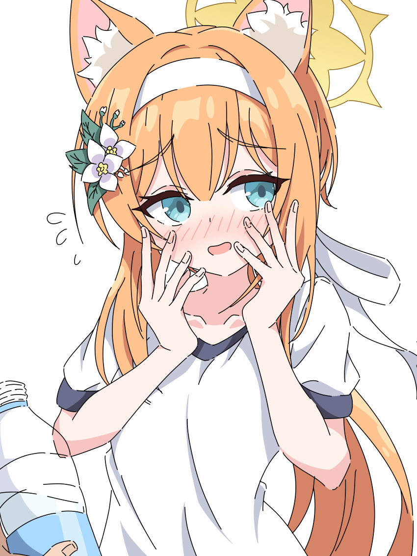 1girl, absurdres, animal_ears, blue_archive, blue_eyes, bottle, fox_ears, gym_shirt
