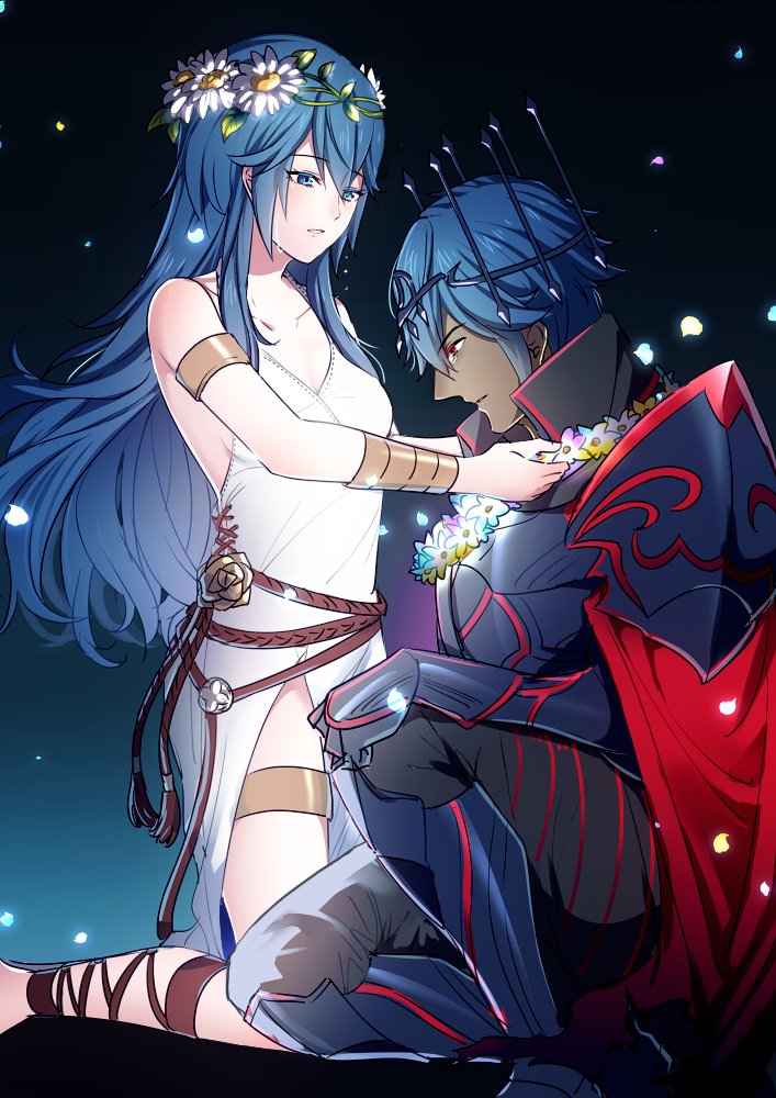 1boy, 1girl, ameno_(a_meno0), armlet, armor, armored_boots, bare_shoulders, belt, black_armor, blue_eyes, boots, bracelet, brown_belt, cape, chrom_(fell_exalt)_(fire_emblem), chrom_(fire_emblem), closed_mouth, collarbone, commentary_request, crying, crying_with_eyes_open, dark-skinned_male, dark_persona, dark_skin, dress, father_and_daughter, fire_emblem, fire_emblem_awakening, fire_emblem_cipher, fire_emblem_heroes, flower, flower_necklace, gauntlets, head_wreath, jewelry, kneeling, long_hair, lucina_(fire_emblem), lucina_(valentine)_(fire_emblem), official_alternate_costume, on_one_knee, parted_lips, pauldrons, profile, red_cape, red_eyes, short_hair, shoulder_armor, sleeveless, sleeveless_dress, tears, thighlet, white_dress, white_flower