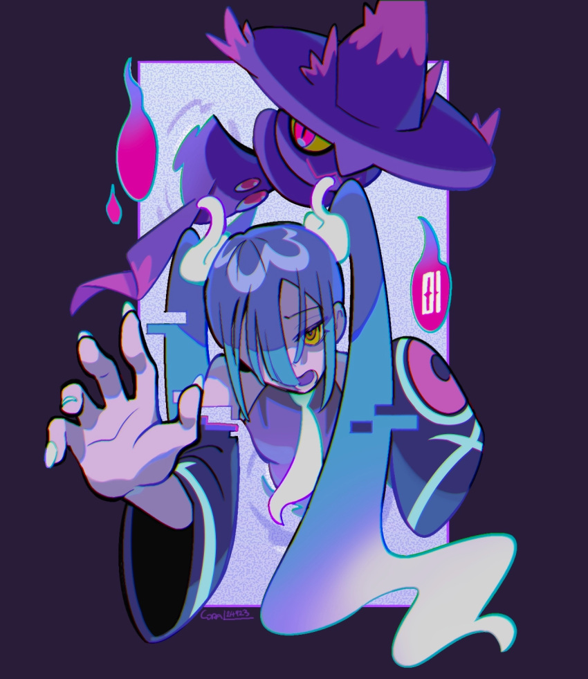 1girl, black_sleeves, blue_hair, choppy_bangs, commentary, coral_(coral_l33), detached_arm, detached_sleeves