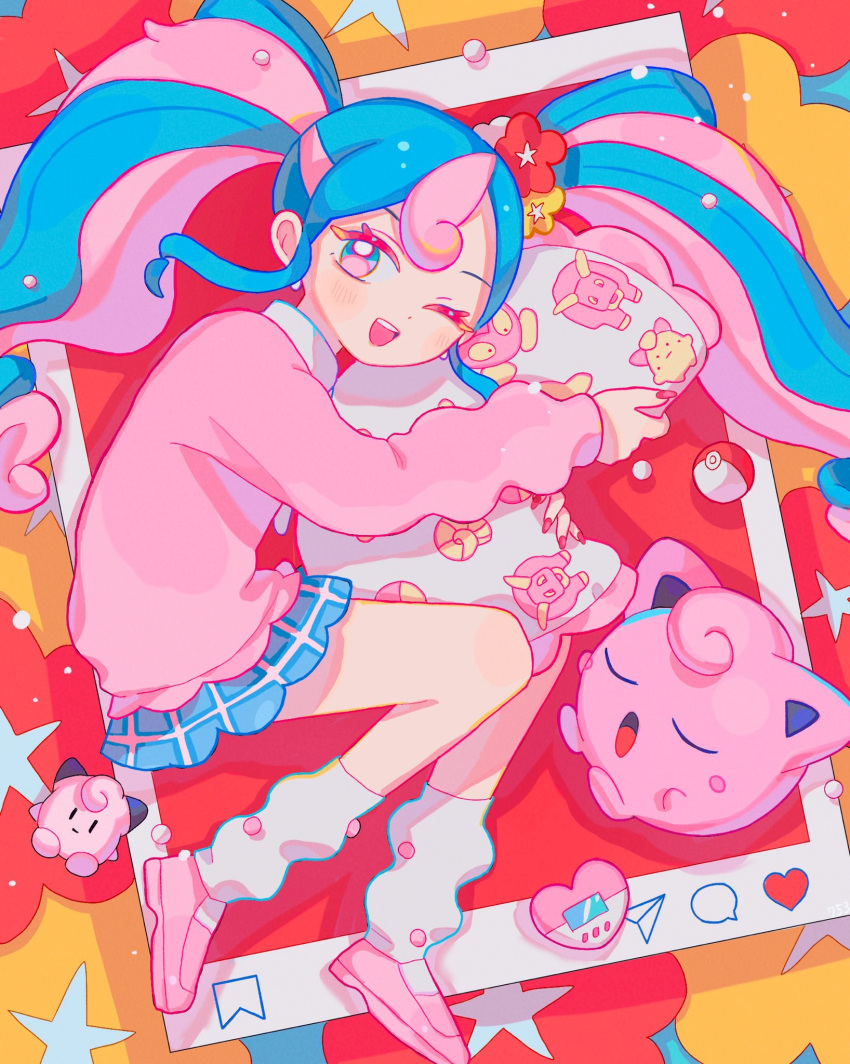 1girl, blush, bull_sprite_(pokemon), cardigan, clefairy_sprite_(pokemon), closed_eyes, earrings, fairy_miku_(project_voltage)