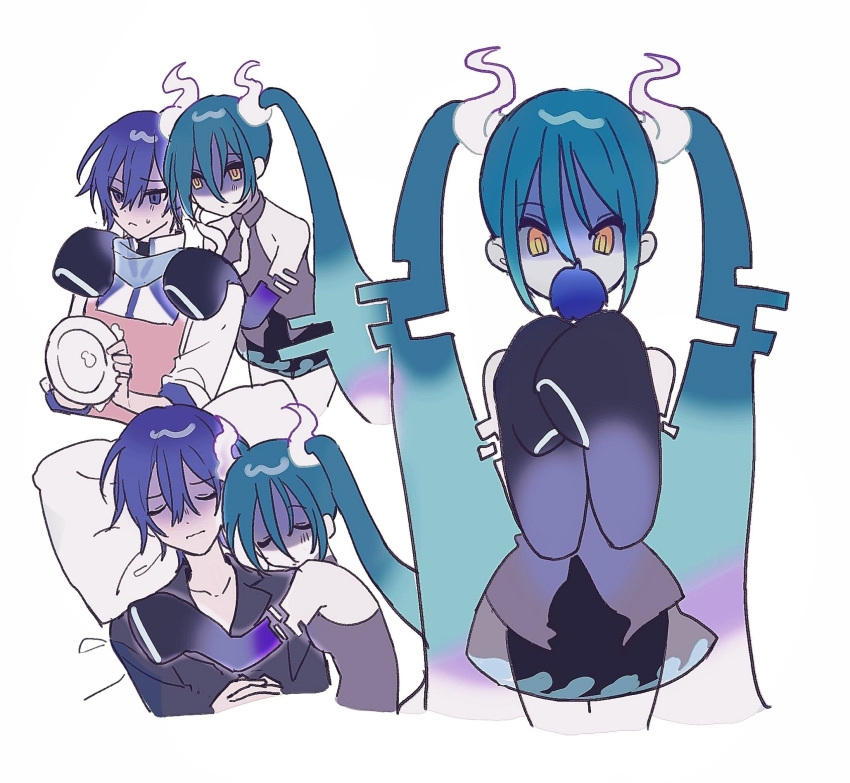 1boy, 1girl, apron, black_pajamas, black_skirt, black_sleeves, blue_eyes, blue_hair