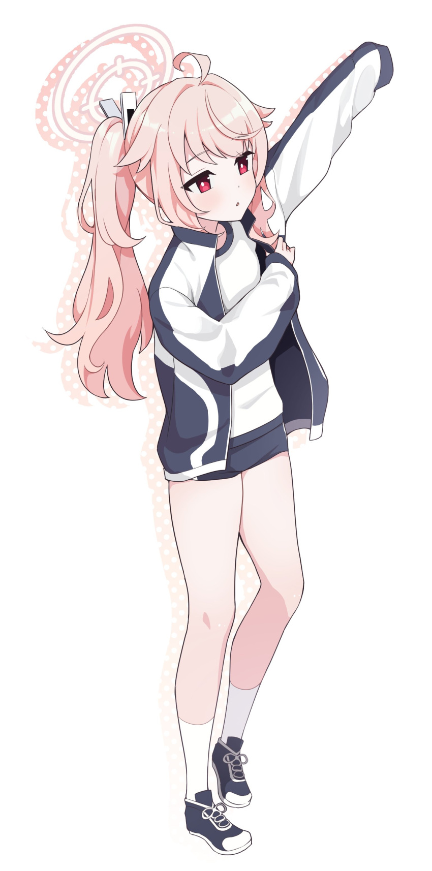 1girl, absurdres, ahoge, black_footwear, black_shorts, blue_archive, blush, full_body