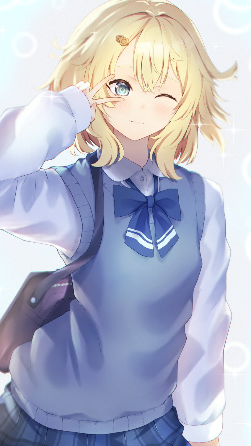 1girl, absurdres, alternate_costume, androgyne_symbol, aoi_eno, aqua_eyes, blonde_hair, blush