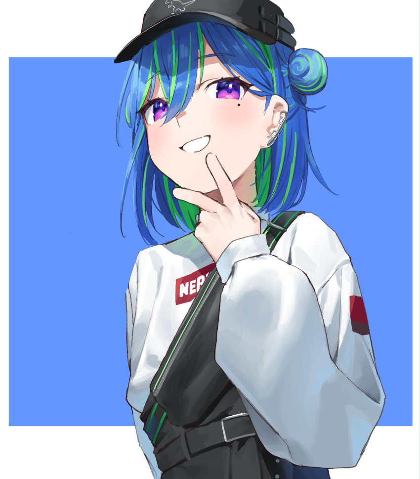 1girl, baseball_cap, belt, black_belt, black_headwear, black_shorts, blue_background, blue_hair