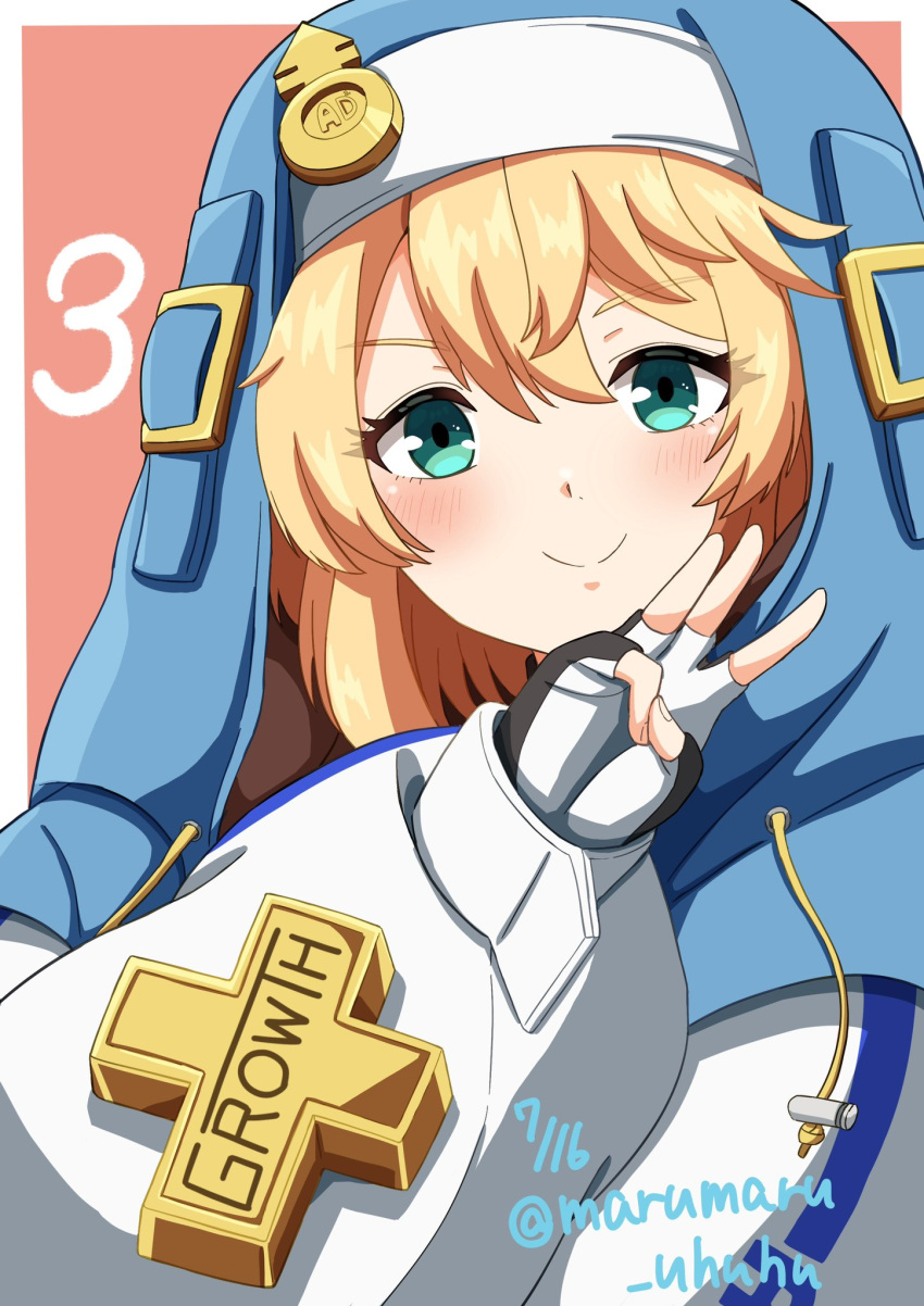 1girl, androgyne_symbol, black_gloves, blonde_hair, blush, bridget_(guilty_gear), female_focus, fingerless_gloves