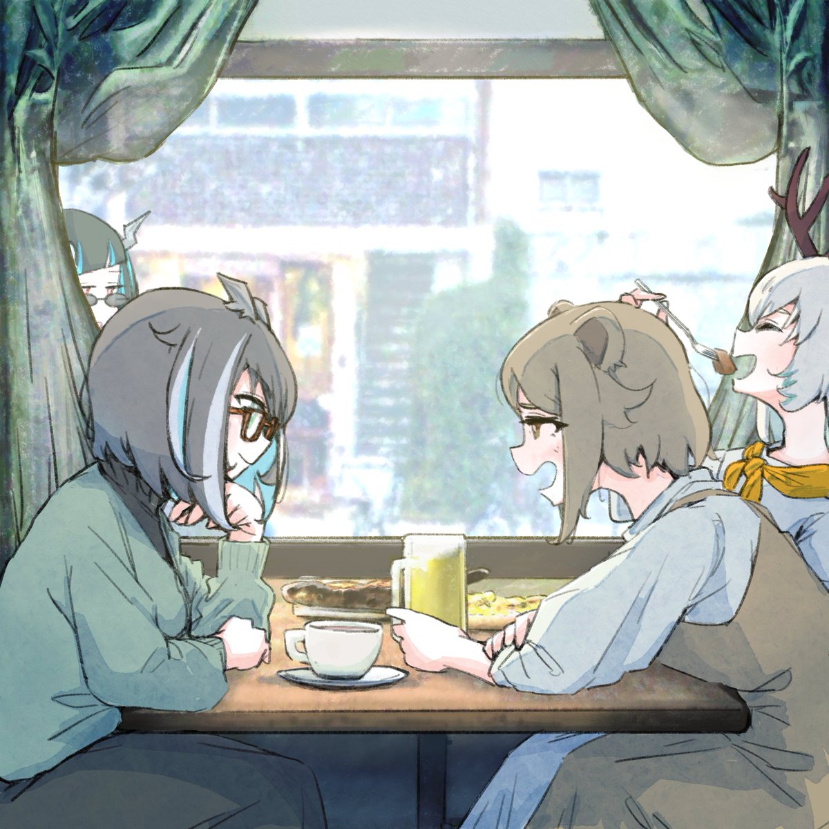 4girls, alcohol, alternate_costume, animal_ears, antlers, bear_ears, beer, beer_mug, black_hair, black_skirt, blue_hair, brown-framed_eyewear, brown_dress, brown_hair, cafe, closed_eyes, closed_mouth, coffee, coffee_cup, commentary_request, cup, day, disposable_cup, dress, eating, feet_out_of_frame, food, fork, green_eyes, grey_hair, grey_sweater, grey_wings, head_wings, highres, holding, holding_fork, indoors, konan_mia, long_sleeves, looking_at_another, medium_bangs, mug, multicolored_hair, multiple_girls, nanashi_inc., open_mouth, oura_rukako, pinafore_dress, pizza, profile, saucer, shirt, shishio_chris, short_hair, sidelocks, sitting, skirt, sleeveless, sleeveless_dress, smile, streaked_hair, sunglasses, sweater, tsukinoki_tirol, turtleneck, virtual_youtuber, white_hair, white_shirt, window, wings, xoo_(x)