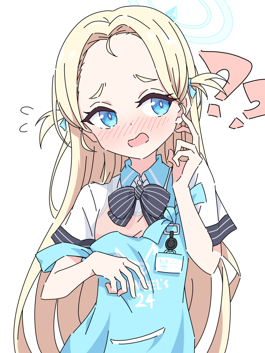 1girl, ?, ??, absurdres, apron, blonde_hair, blue_apron, blue_archive, blue_eyes, blue_halo, blush, halo, highres, loli, long_hair, looking_to_the_side, mangyu0111, open_mouth, see-through, see-through_shirt, short_sleeves, solo, sora_(blue_archive), two_side_up