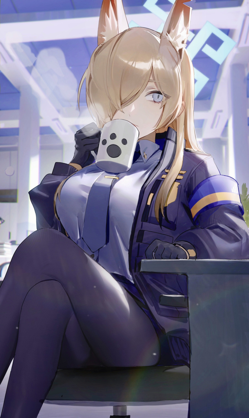 1girl, absurdres, animal_ear_fluff, animal_ears, armband, black_gloves, black_jacket, black_pantyhose