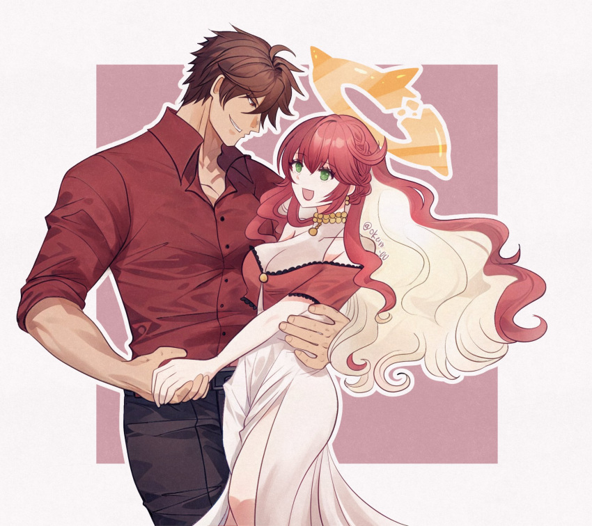 1boy, 1girl, breasts, broken_halo, brown_hair, colored_inner_hair, compass_rose_halo, couple, green_eyes, guilty_gear, guilty_gear_strive, hair_between_eyes, halo, highres, jack-o'_valentine, kana-de, long_hair, long_sleeves, looking_at_another, mature_female, medium_breasts, messy_hair, multicolored_hair, muscular, muscular_male, official_alternate_costume, official_alternate_hairstyle, red_eyes, redhead, smile, sol_badguy, two-tone_hair, wavy_hair, white_hair