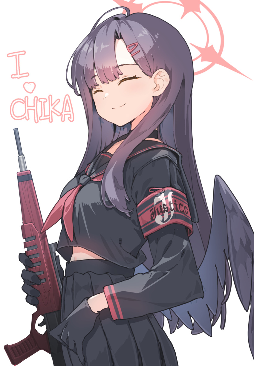 1girl, ^_^, armband, black_choker, black_gloves, black_hair, black_sailor_collar, black_shirt, black_skirt, black_wings, blue_archive, character_name, choker, closed_eyes, closed_mouth, commentary, cropped_shirt, em-2, feathered_wings, gloves, gun, hair_behind_ear, hair_ornament, hairclip, halo, heart, highres, holding, holding_gun, holding_weapon, hoshi_umi, ichika_(blue_archive), long_hair, long_sleeves, low_wings, midriff_peek, neckerchief, parted_bangs, pleated_skirt, red_armband, red_halo, red_neckerchief, sailor_collar, shirt, simple_background, skirt, smile, solo, split_mouth, upper_body, weapon, white_background, wings