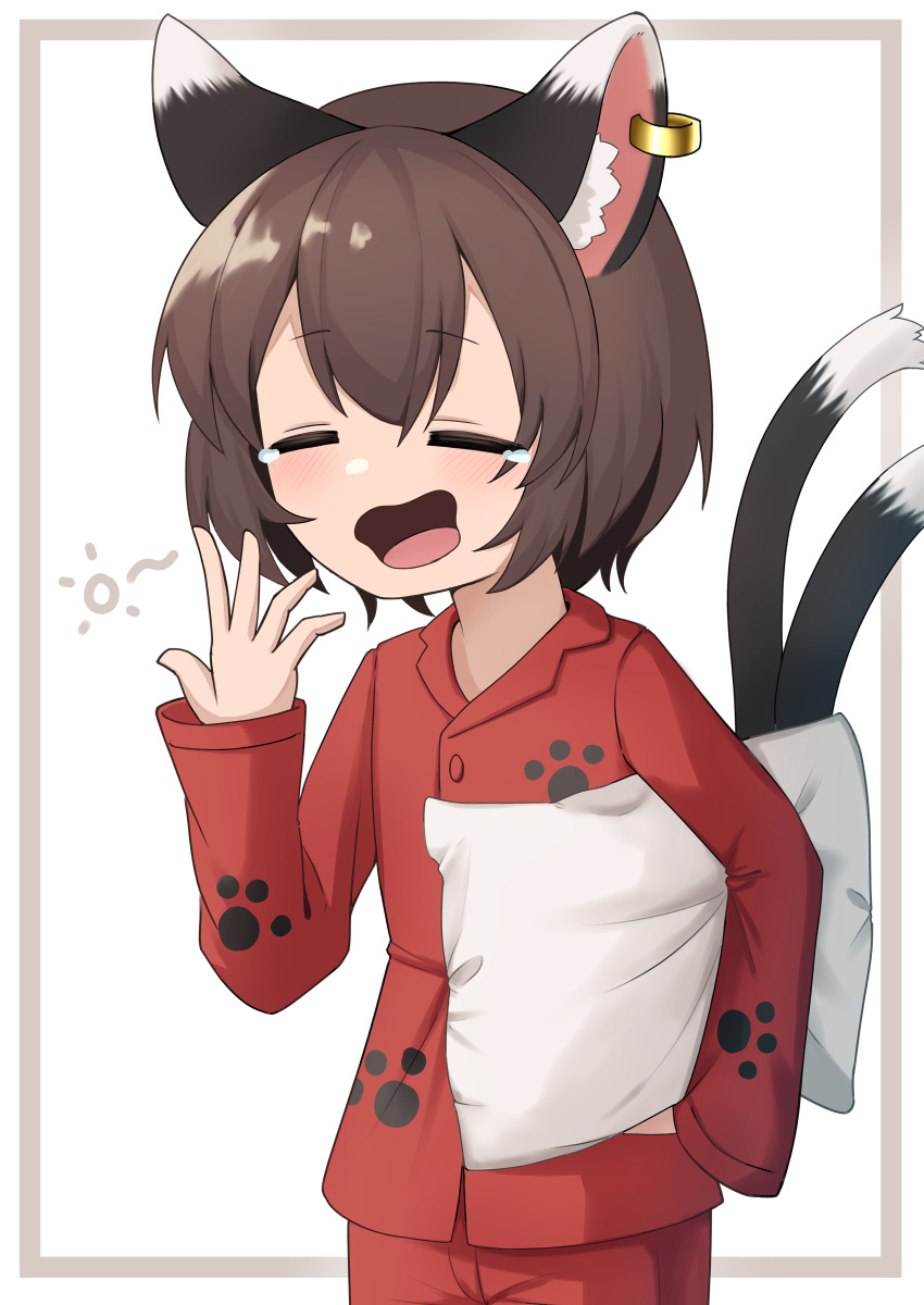 1girl, absurdres, animal_ear_fluff, animal_ear_piercing, animal_ears, asakura_haru, border, brown_border