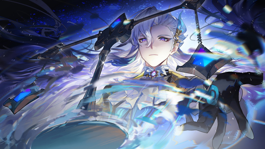 1boy, absurdres, ascot, asymmetrical_bangs, balance_scale, black_gloves, blue_background, blue_coat