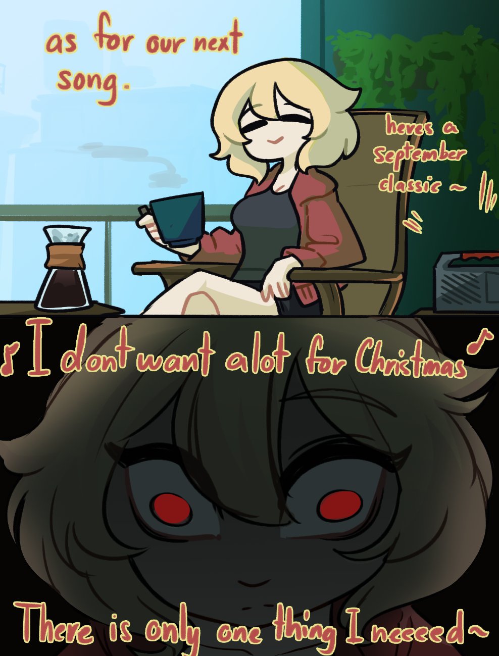 angry, audible_music, black_background, blonde_hair, centurii-chan_(artist), chair, christmas, coffee