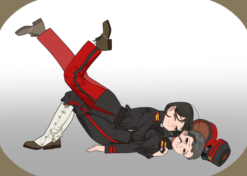 2girls, army, black_hair, blush, brown_eyes, brown_footwear, clenched_teeth, full_body