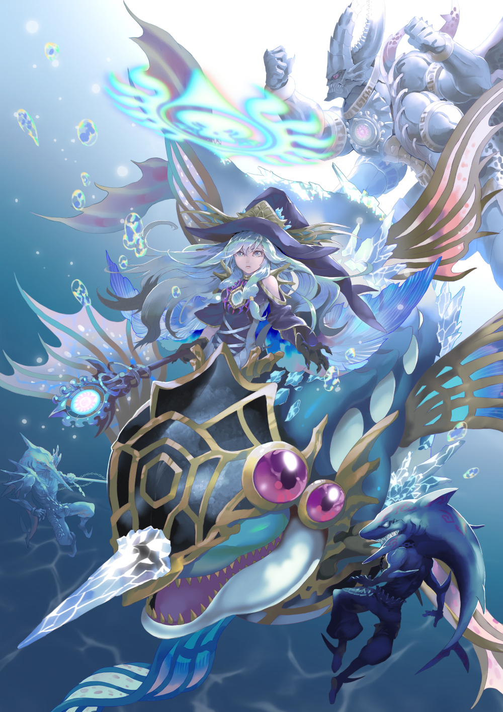 1girl, 2boys, ariel_(yu-gi-oh!), bare_shoulders, black_gloves, blue_eyes, blue_hair, breasts, chinchira, clothing_cutout, collar, dress, duel_monster, evigishki_mind_augus, evigishki_neremanas, gishki_zielgigas, gloves, hair_between_eyes, hat, highres, holding, holding_staff, long_hair, metal_collar, monster_girl, multiple_boys, shoulder_cutout, solo, staff, wide_sleeves, witch_hat, yu-gi-oh!