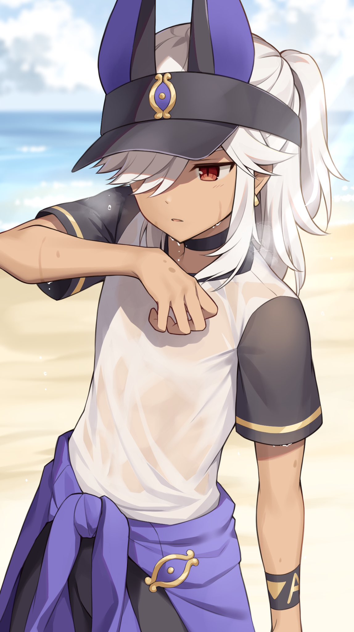 1boy, beach, cowboy_shot, cyno_(genshin_impact), dark-skinned_male, dark_skin, genshin_impact, hair_over_one_eye