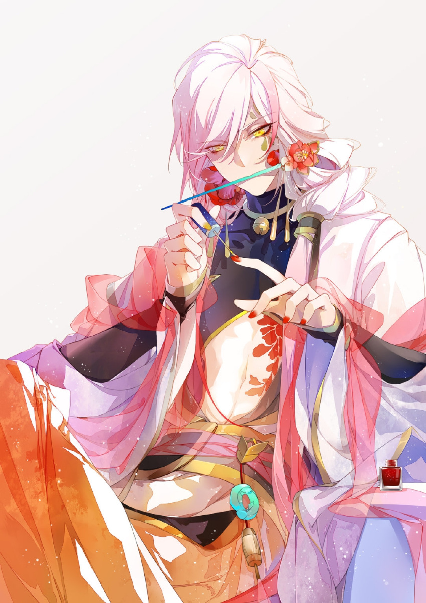 1boy, bell, bishounen, black_shirt, chinese_clothes, chinese_commentary, commentary_request, covered_collarbone