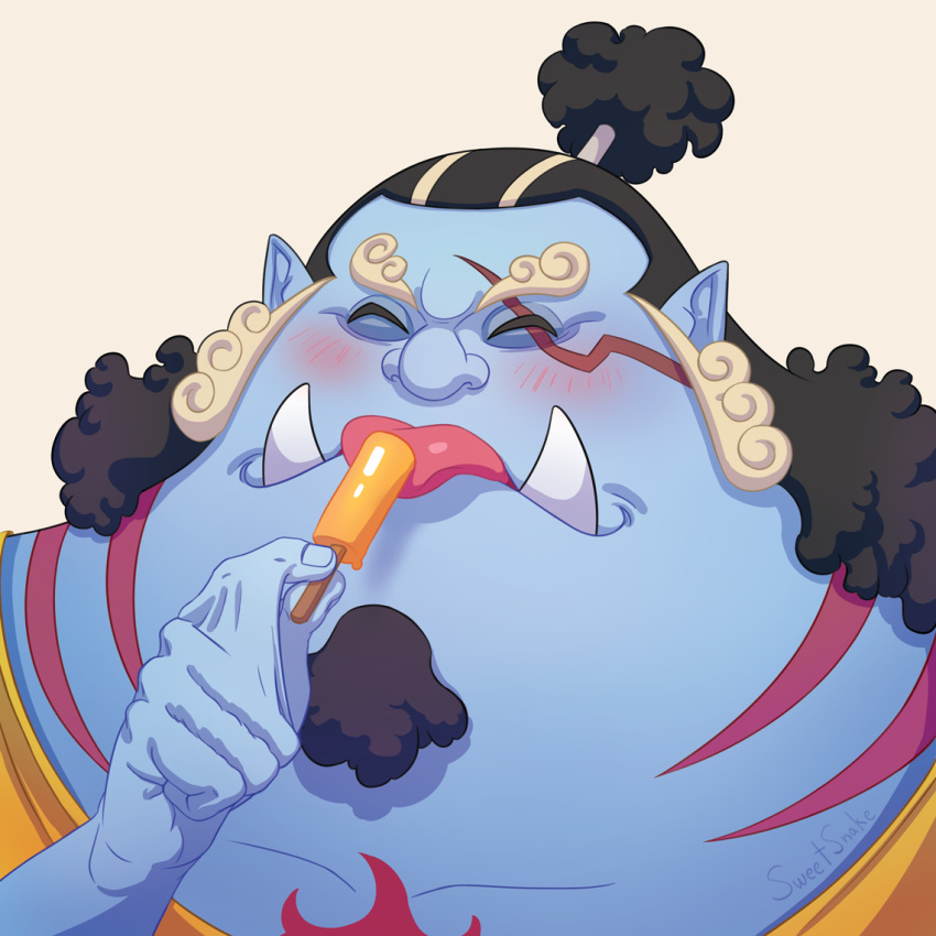 1boy, black_hair, blue_skin, blush, closed_eyes, colored_skin, curly_eyebrows, eating