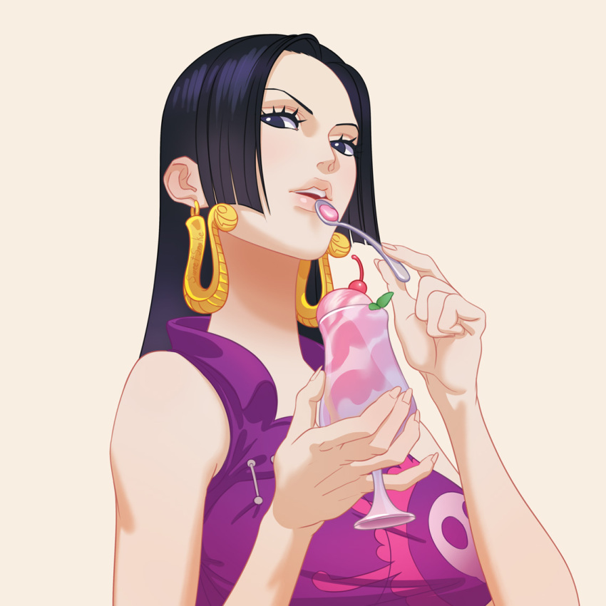 1girl, bare_shoulders, black_eyes, black_hair, boa_hancock, cherry, cocktail_glass, cup