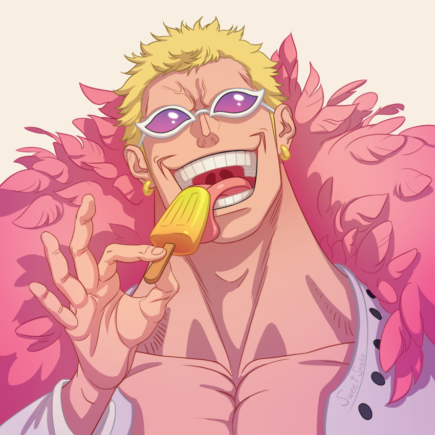 blonde_hair, coat, donquixote_doflamingo, earrings, eating, feather_coat, food, holding