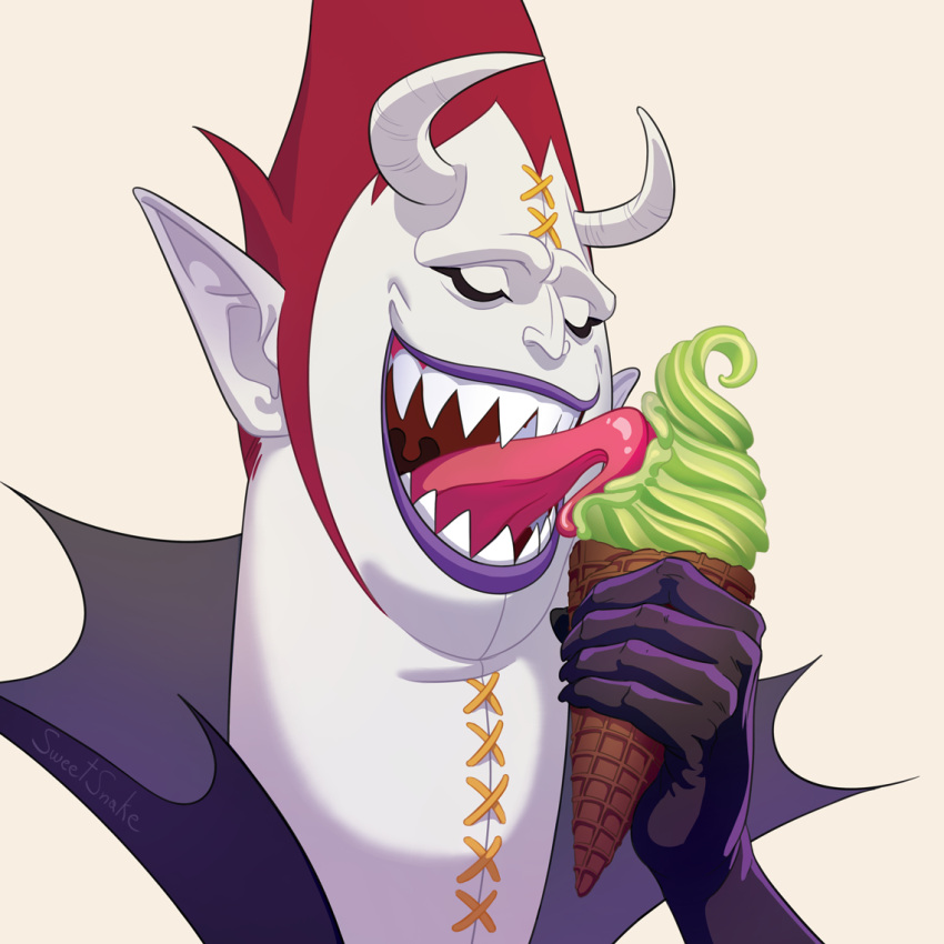 1boy, black_gloves, closed_eyes, eating, food, gecko_moria, gloves, high_collar