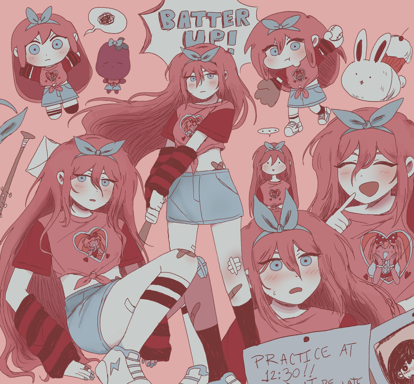 1girl, alternate_costume, aubergieine, aubrey_(omori), baseball, baseball_bat, baseball_mitt, blue_ribbon, blush, chibi, closed_eyes, crop_top, denim, denim_shorts, highres, holding, holding_baseball_bat, juvenile, mail, milkshake_bunny_(omori), omori, open_mouth, pink_hair, pink_shirt, ribbon, shirt, socks, teenage, thinking, tomboy, white_socks, young