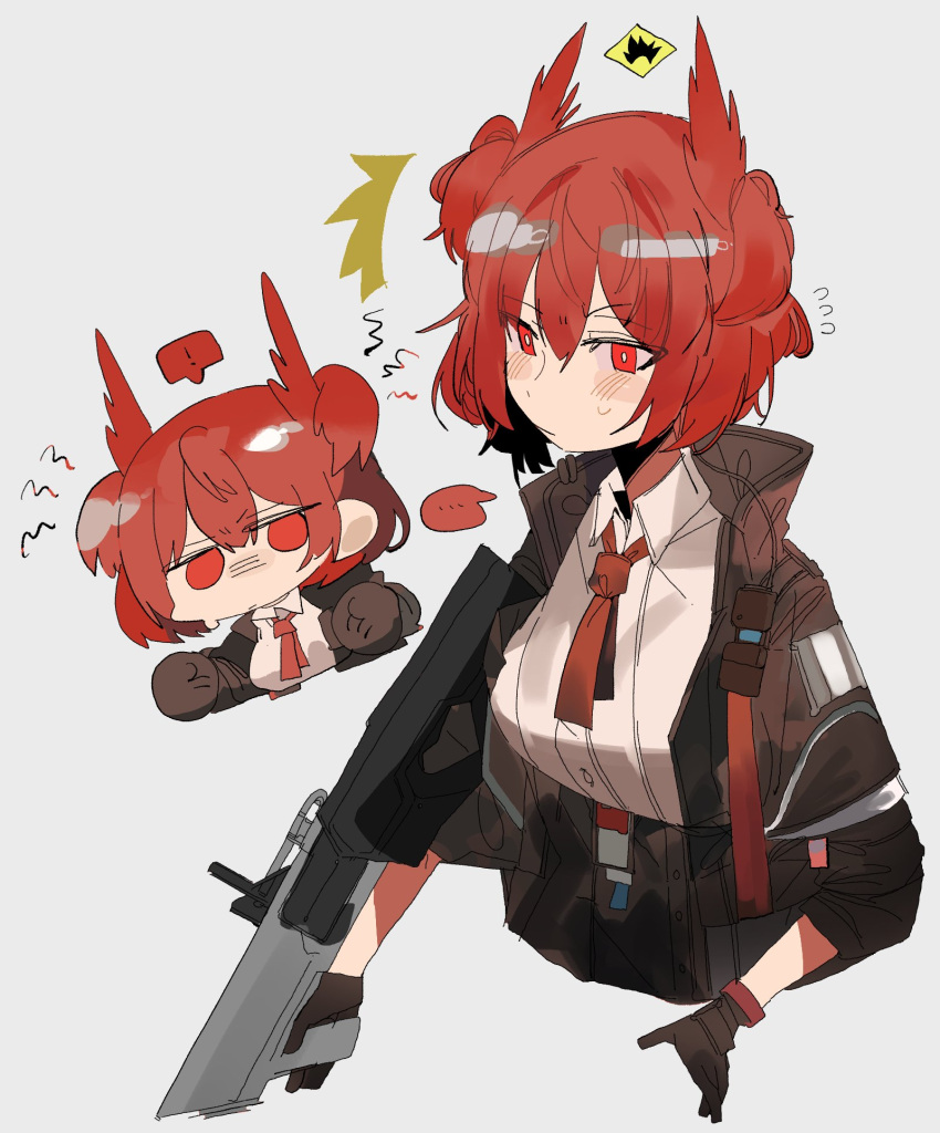 !, ..., 1girl, ^^^, annoyed, arknights, black_gloves, black_jacket, black_pants, bright_pupils, chibi, chibi_inset, collared_shirt, cropped_torso, feather_hair, fiammetta_(arknights), gameplay_mechanics, gloves, grenade_launcher, grey_background, gun, high-waist_pants, highres, holding, holding_gun, holding_weapon, jacket, necktie, odmised, open_clothes, open_jacket, pants, red_eyes, red_necktie, redhead, shirt, simple_background, spoken_ellipsis, spoken_exclamation_mark, upper_body, weapon, white_pupils, white_shirt