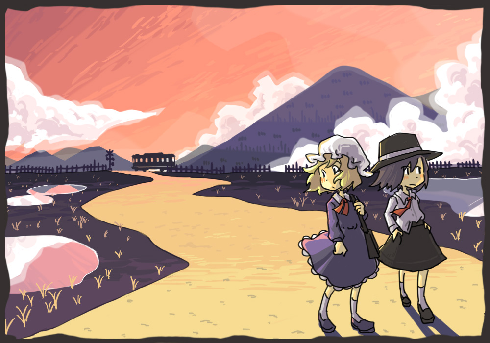 2girls, black_capelet, black_hair, black_hat, black_shoes, black_skirt, blush, clouds