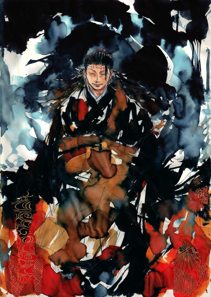 1boy, absurdres, black_hair, black_kimono, feet_out_of_frame, getou_suguru_(kenjaku), hair_slicked_back, highres, japanese_clothes, jujutsu_kaisen, kimono, long_hair, looking_at_viewer, male_focus, multicolored_background, scar, scar_on_face, scar_on_forehead, smile, smirk, solo, sunameri_(takejii), traditional_media