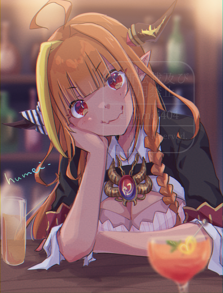 ahoge, black_collar, blonde_hair, braid, breasts, cleavage_cutout, clothing_cutout, collar, collared_shirt, dragon_girl, dragon_horns, fangs, head_rest, hololive, horns, kiryu_coco, kiryu_coco_(1st_costume), kyou_fumei, large_breasts, long_hair, looking_at_viewer, multicolored_hair, orange_eyes, orange_hair, shirt, single_braid, skin_fangs, smile, solo, streaked_hair, virtual_youtuber
