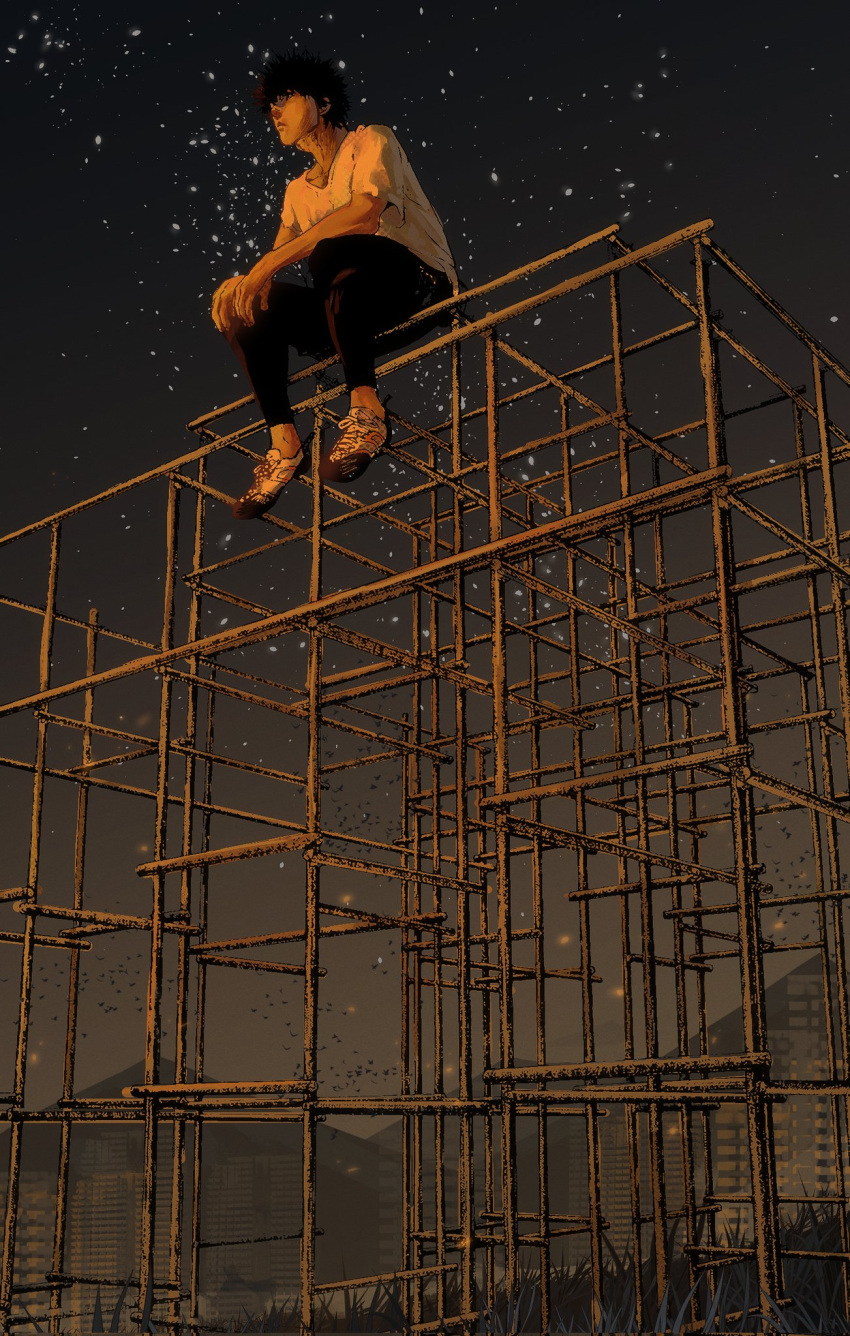 1boy, black_hair, black_pants, buntarou_mori, commission, construction, eliasdessin, english_commentary