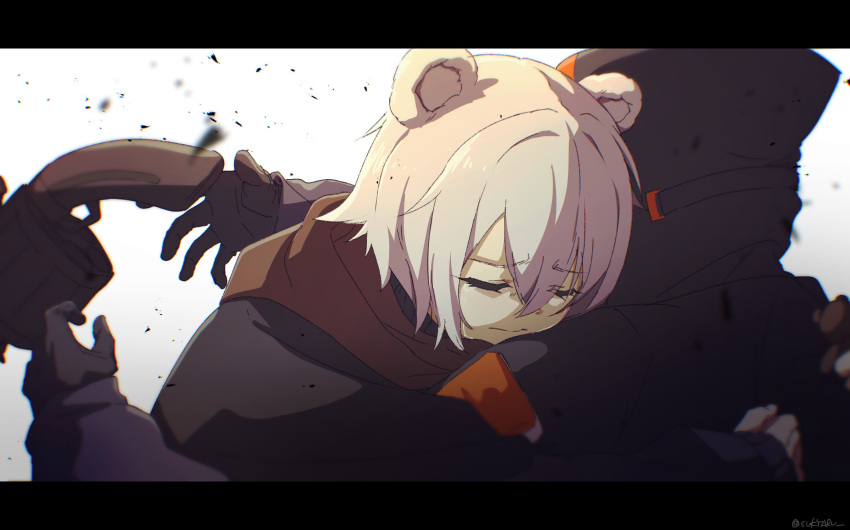 1girl, 1other, animal_ears, arknights, bear_ears, bear_girl, black_gloves, black_jacket