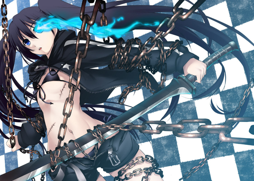 bikini_top, black_hair, black_rock_shooter, black_rock_shooter_(character), blue_eyes, chain, erect_nipples, flat_chest, long_hair, ouma_toki-ichi, ouma_tokiichi, panties, scar, shorts, side-tie_panties, solo, sword, twintails, underwear, weapon, zipper
